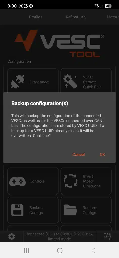 Fungineers Quick Start VESC Tool Backup Motor Configs