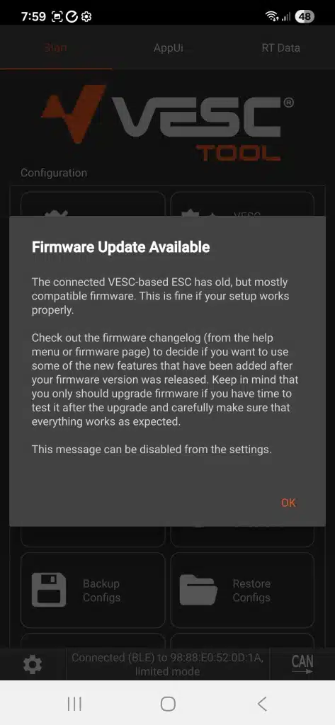 Fungineers Quick Start VESC Tool Firmware Update Available